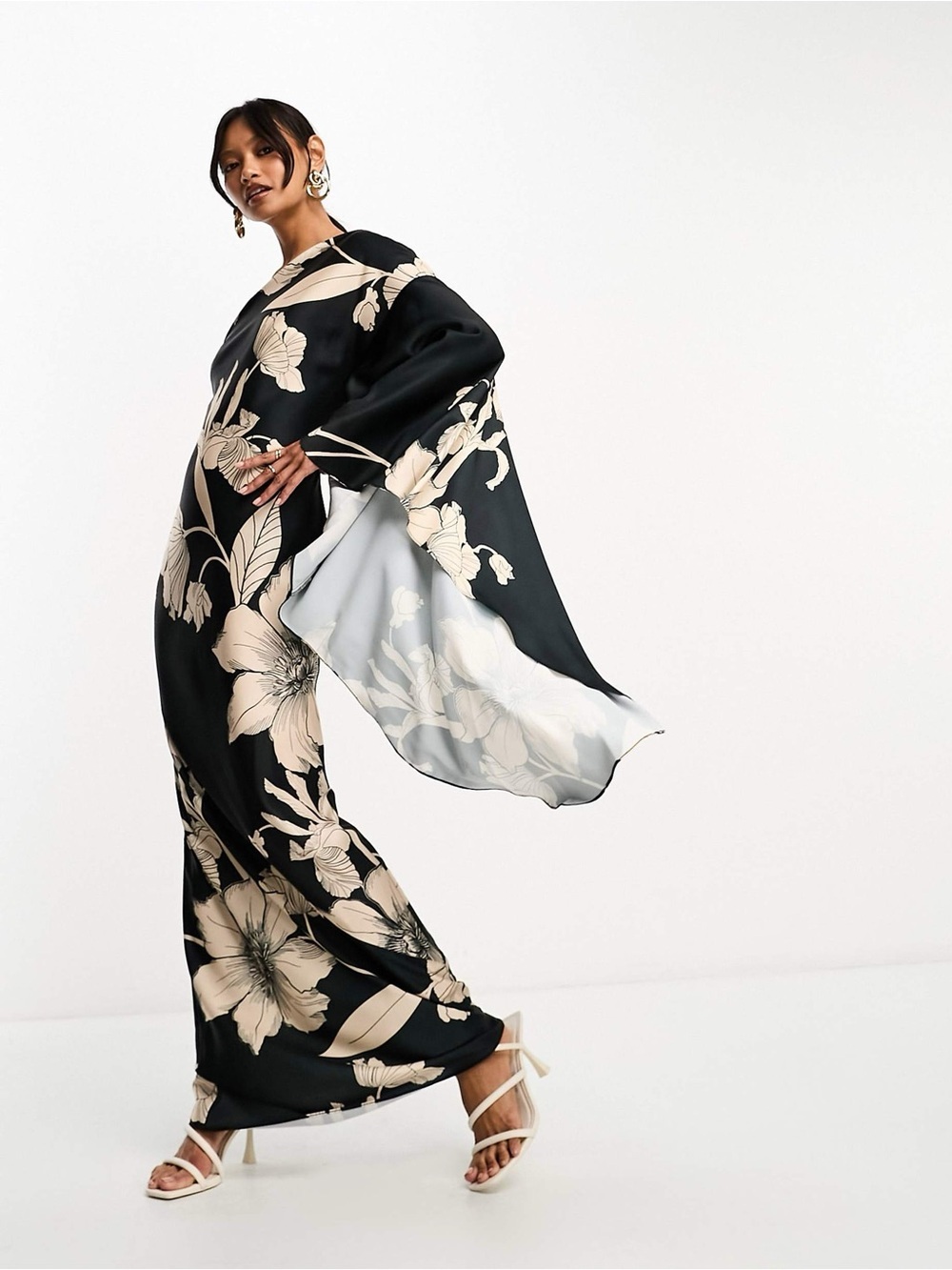 ASOS Satin One Shoulder Flare Sleeve Maxi Dress Floral Print Open Back Size 4